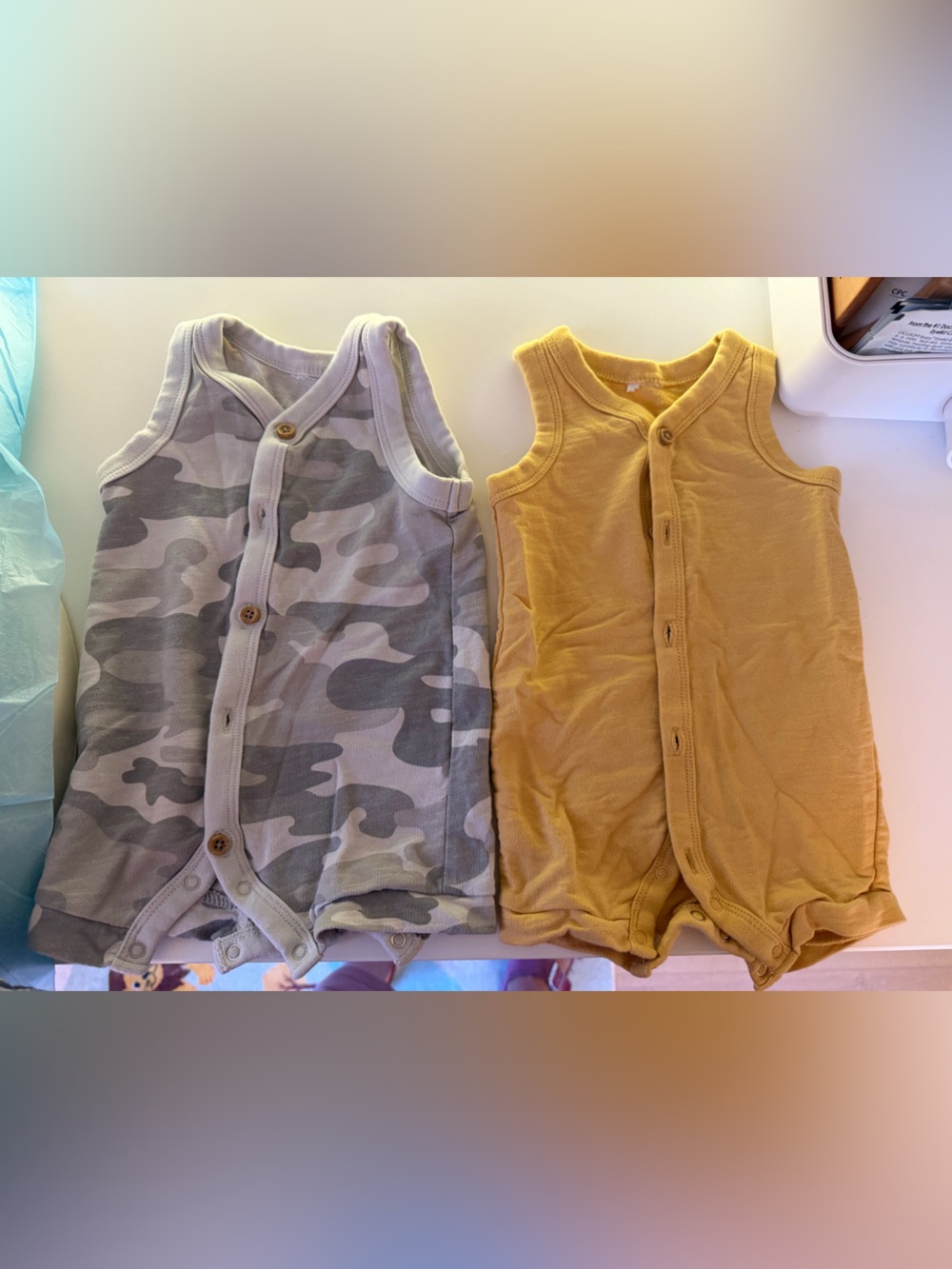 Never worn Gerber Kids Sleeveless Romper Set in Gray Camo & Mustard 0-3